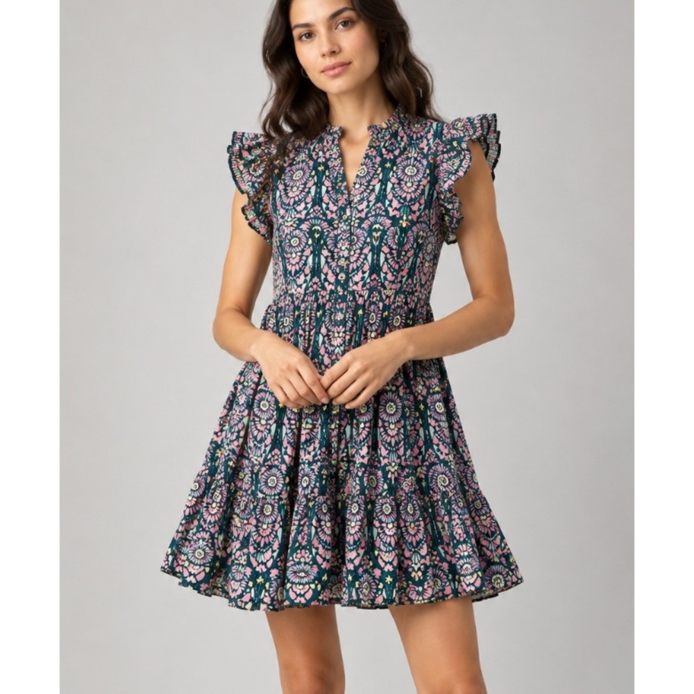 Omika Medallion Floral Ruffle Flutter Sleeve Tiered Mini Dress in Blue sz L